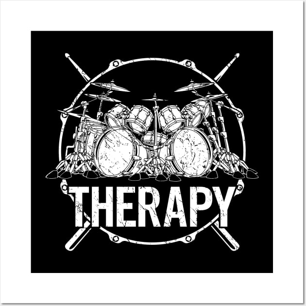 Drummers Therapy Drum Set with Crossed Drum Sticks Cartoon Illustration Wall Art by hobrath